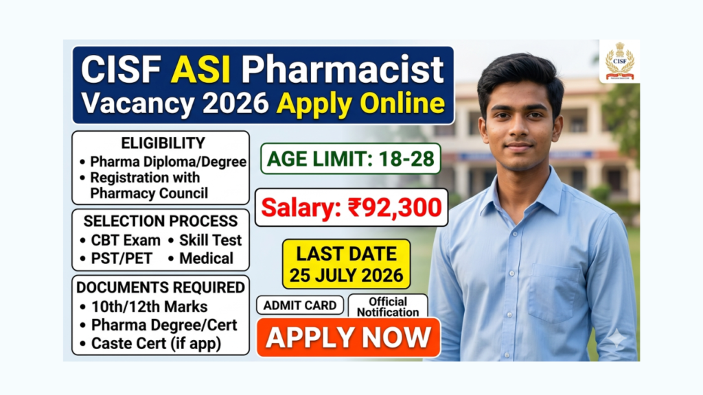 CISF ASI Pharmacist Vacancy 2026 Apply Online, Salary, Last Date, Eligibility, Selection Process